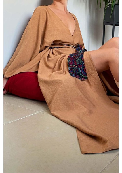 Kadın Bej Keten Kruvaze Kimono