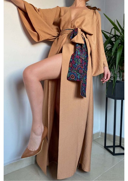 Kadın Bej Keten Kruvaze Kimono