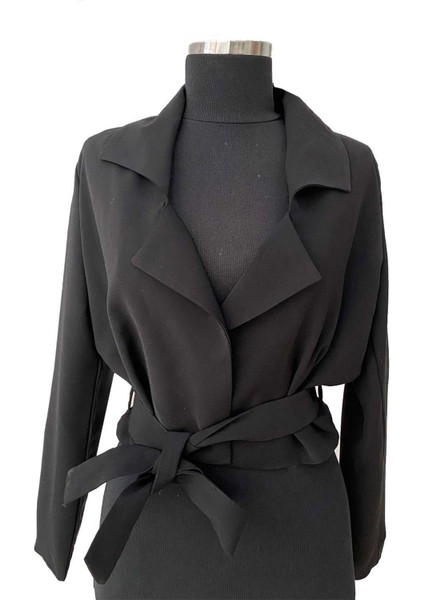Kadın Bağlamalı Mini Siyah Ceket