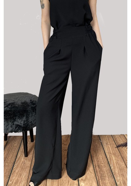 Kadın Beli Büzgülü Yüksek Bel Siyah Bol Paça Pantolon