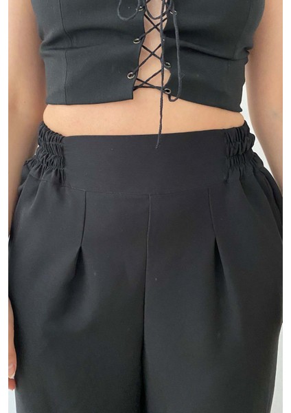 Kadın Beli Büzgülü Yüksek Bel Siyah Bol Paça Pantolon modelleri