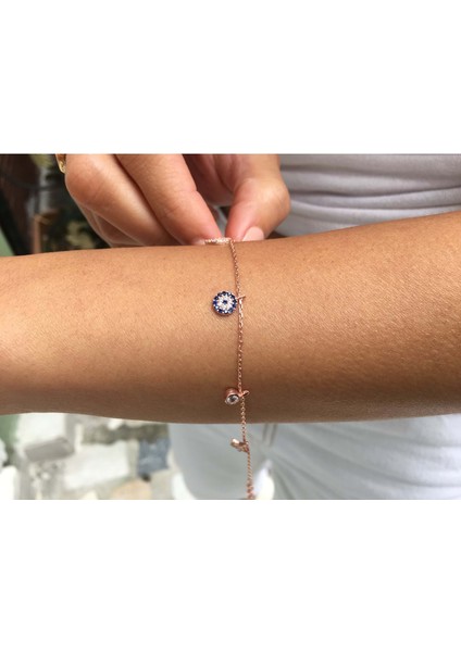 925 Ayar Gümüş Zirkon Taşlı Nazar Şans Bileklik - Rose -