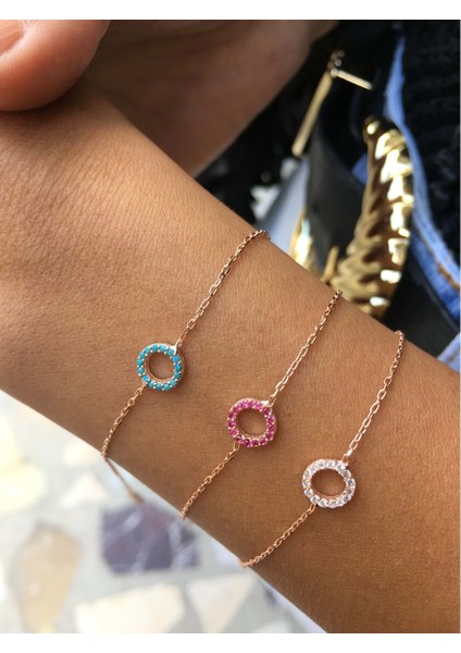 925 Ayar Gümüş Zirkon Taşlı Küçük Halka Rose Altın Kaplama Bileklik - Turkuaz - fiyatları
