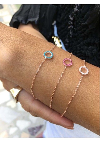 925 Ayar Gümüş Zirkon Taşlı Küçük Halka Rose Altın Kaplama Bileklik - Turkuaz - modelleri