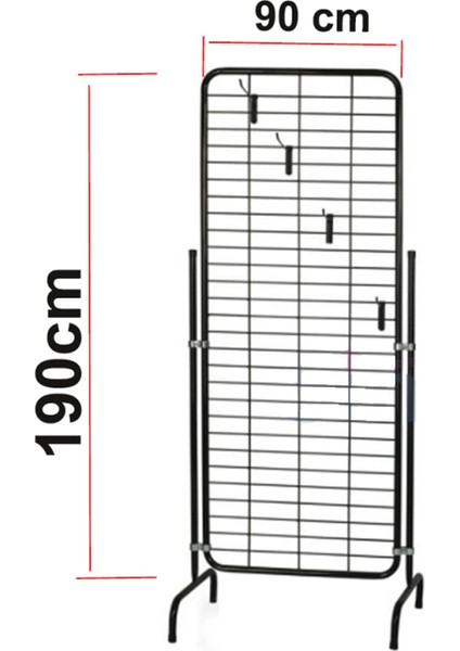 Siyah Tel Pano Standı 90X190 cm - 80 Adet Kanca Bijuteri Standı Çorap Standı Telefon Standı