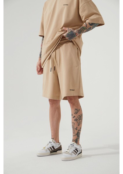 Unisex Oversize Basic Cepli Şort Bej