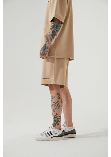 Unisex Oversize Basic Cepli Şort Bej