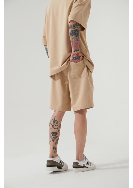 Unisex Oversize Basic Cepli Şort Bej