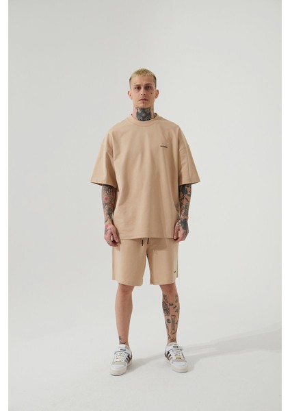 Unisex Oversize Basic Cepli Şort Bej