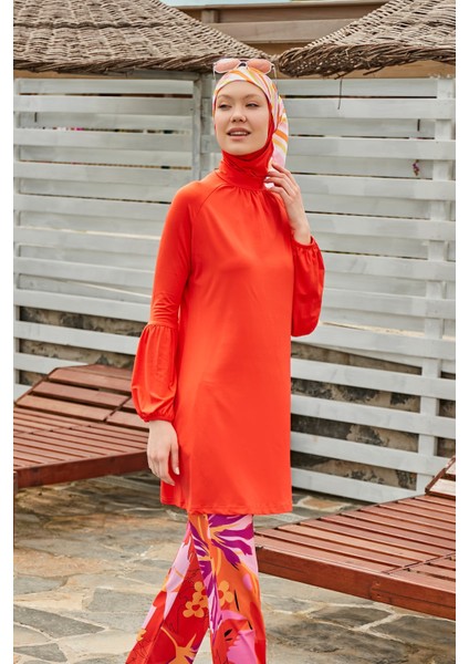 Çiçekli Turuncu Tam Kapalı Tesettür Mayo M2317