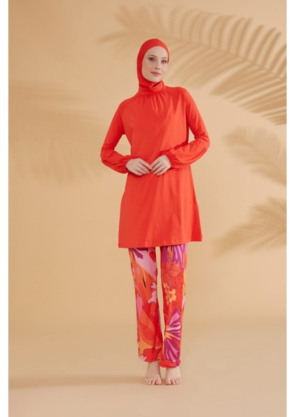 Çiçekli Turuncu Tam Kapalı Tesettür Mayo M2317 fiyatları