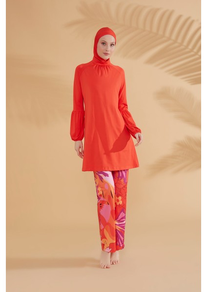 Çiçekli Turuncu Tam Kapalı Tesettür Mayo M2317 modelleri