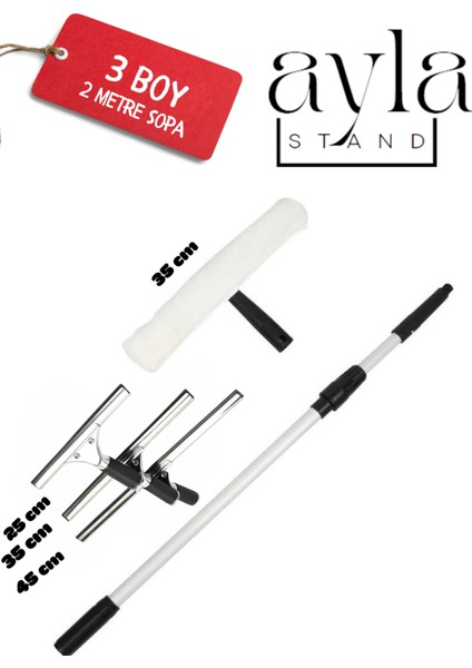 2 mt Profesyonel Pencere Temizleme Seti, Duş ve Cam Sileceği 25 + 35 + 45 cm Çekçek + 35 Peluş Takım