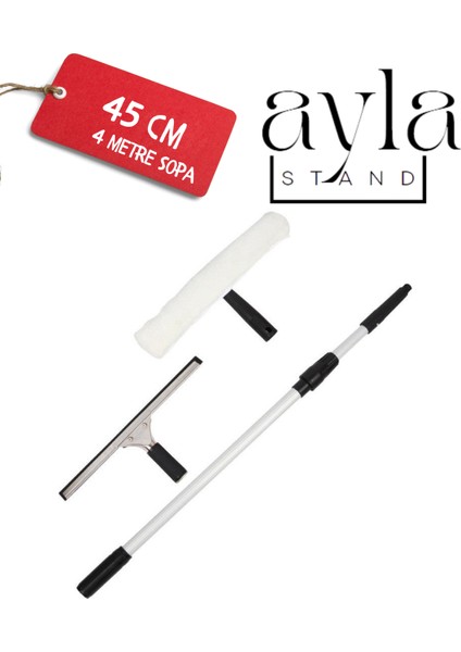 Ayla Stand 4 mt Profesyonel Pencere Temizleme Seti, Duş ve Cam Sileceği 45 cm Çekçek + 45 Peluş Takım