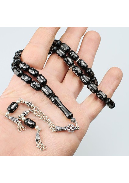 Gümüş Nokta Işleme Orijinal Erzurum Oltu Taşı Tesbih (8 x