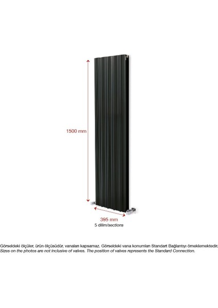 1500 x 395 MM Amber Dikey Antrasit Alüminyum Radyatör Standart Bağlantı fiyatları
