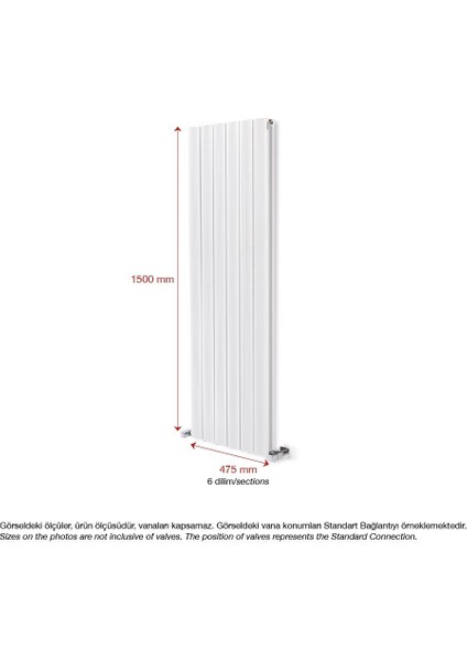 1500 x 475 MM Amber Dikey Beyaz Alüminyum Radyatör Standart Bağlantı