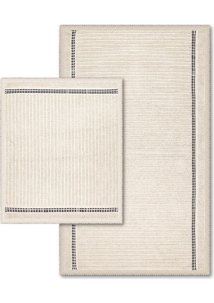 Nice Doğal Pamuklu 2'li Banyo Kilim Seti 60X100+50X60 cm - Ekru/lacivert