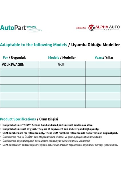 Volkswagen Golf için Kilit Tamir Parçası fiyatları