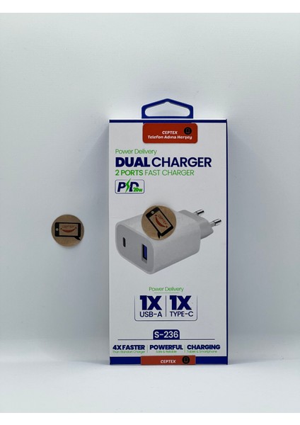 20W Şarj Aleti Adaptörü Type-C ve USB Çıkış S-236