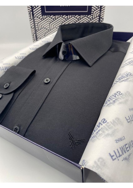 Slim Fit Uzun Kol Saten Hediye Kutulu Kolay Ütülenebilir Erkek Gömlek(KR.9511) - Siyah fiyatları