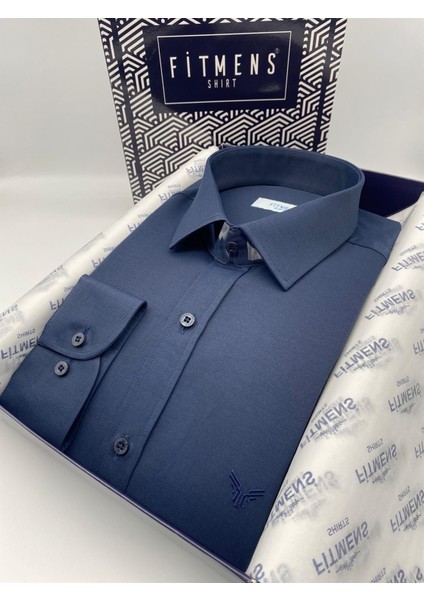 Slim Fit Uzun Kol Saten Hediye Kutulu Kolay Ütülenebilir Erkek Gömlek(KR.9511) - Lacivert fiyatları