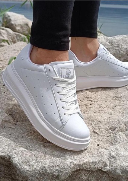 156 Beyaz Cilt Kalın Taban Sneaker Ayakkabı