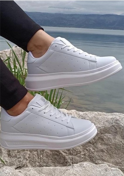 156 Beyaz Cilt Kalın Taban Sneaker Ayakkabı