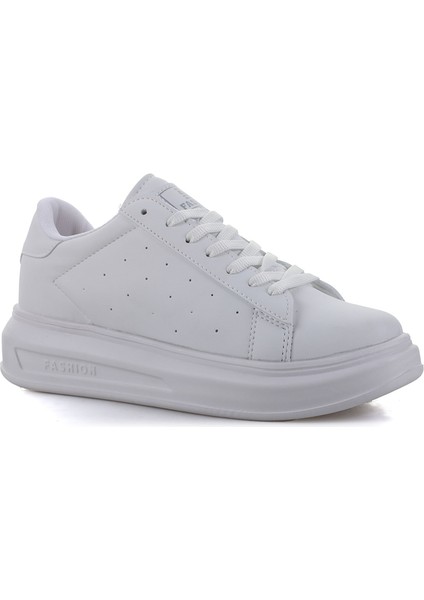 156 Beyaz Cilt Kalın Taban Sneaker Ayakkabı