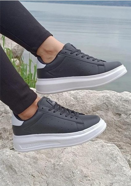 156 Siyah-Beyaz Cilt Kalın Taban Sneaker Ayakkabı