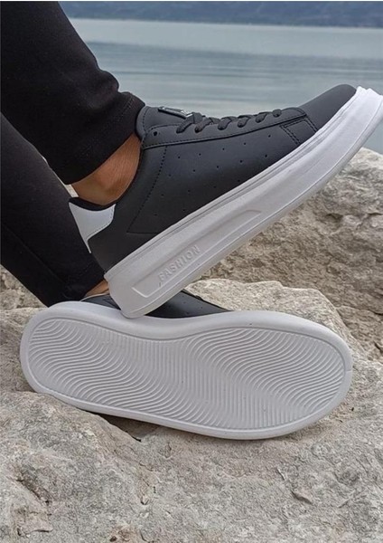 156 Siyah-Beyaz Cilt Kalın Taban Sneaker Ayakkabı