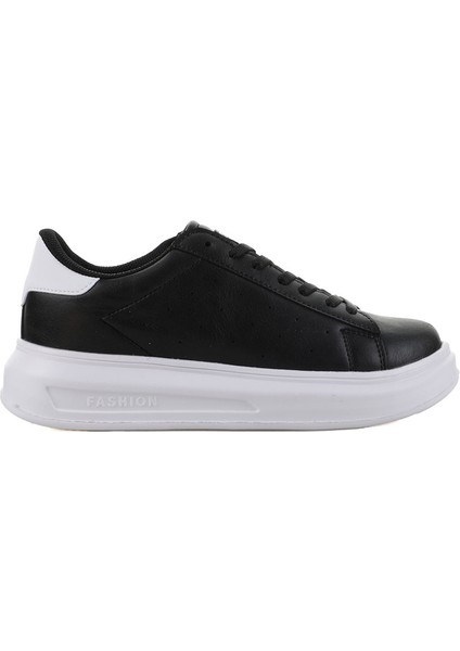 156 Siyah-Beyaz Cilt Kalın Taban Sneaker Ayakkabı