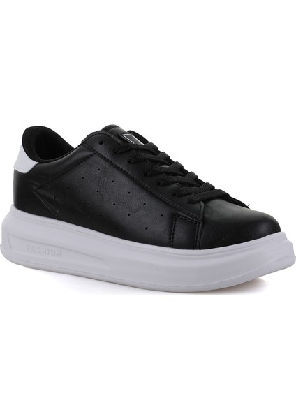156 Siyah-Beyaz Cilt Kalın Taban Sneaker Ayakkabı