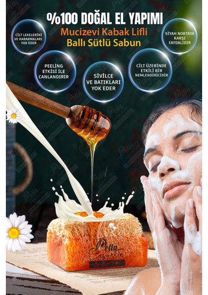 Pella %100 El Yapımı, Gliserinli, Mucizevi Doğal Kabak Lifli, Sütlü Ballı Sabun 130 gr