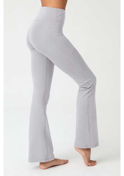 Kadın Gri Yüksek Bel Toparlayıcı Çift Cepli Ispanyol Paça Tayt Bootcut