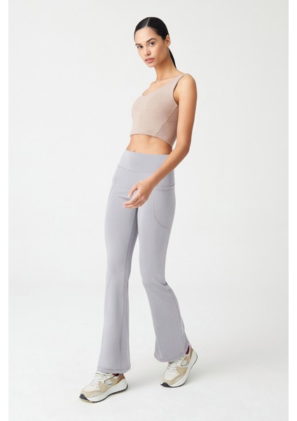 Kadın Gri Yüksek Bel Toparlayıcı Çift Cepli Ispanyol Paça Tayt Bootcut modelleri