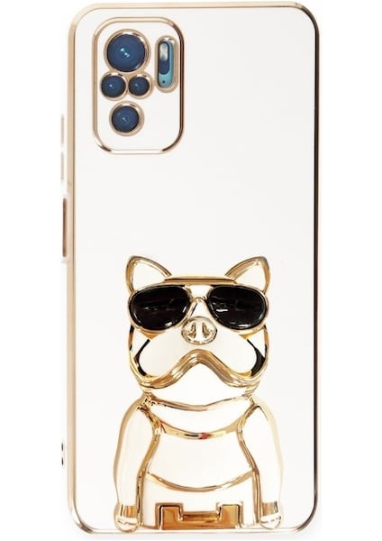 Xiaomi Redmi Note 10 Kılıf Kamera Korumalı Köpek Desenli Standlı Silikon Beyaz