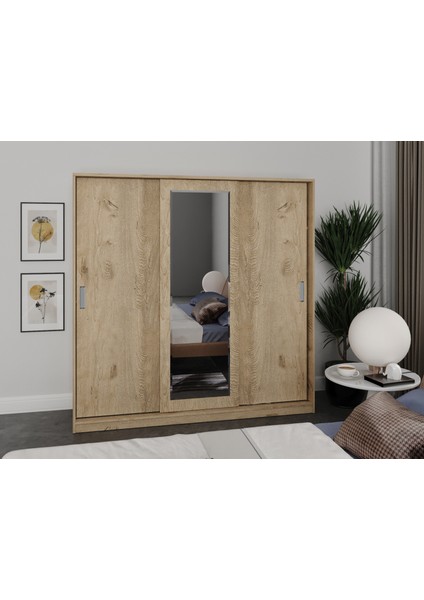 3 Kapaklı Sürgülü Aynalı Gardrop Elbise Dolabı - Tamamı Meşe Mdf