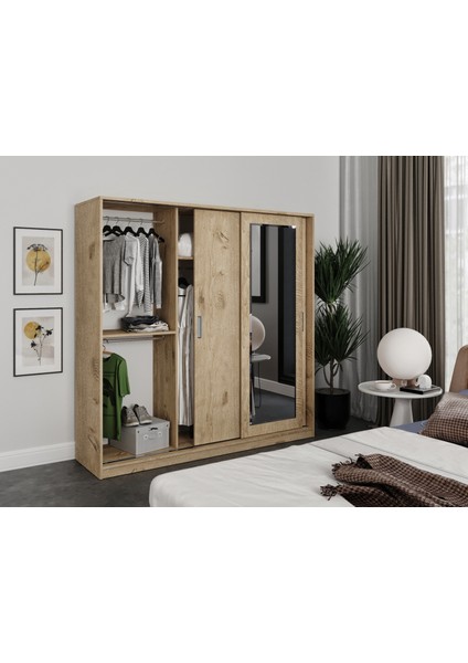 3 Kapaklı Sürgülü Aynalı Gardrop Elbise Dolabı - Tamamı Meşe Mdf fırsatları