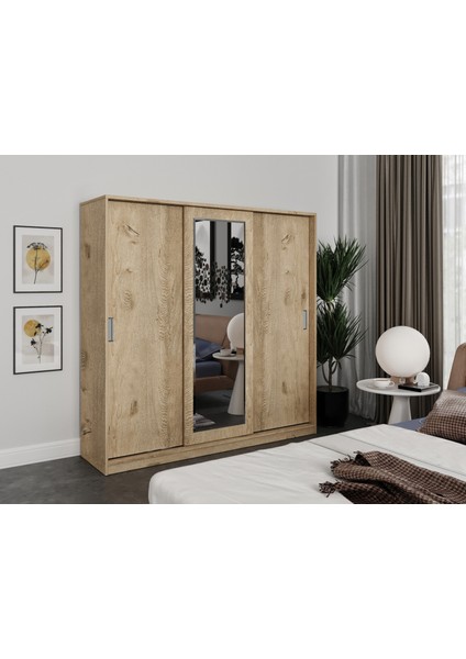 3 Kapaklı Sürgülü Aynalı Gardrop Elbise Dolabı - Tamamı Meşe Mdf indirimleri