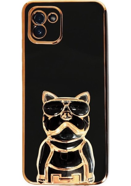 Samsung Galaxy A03 Kılıf Kamera Korumalı Köpek Desenli Standlı Silikon Siyah