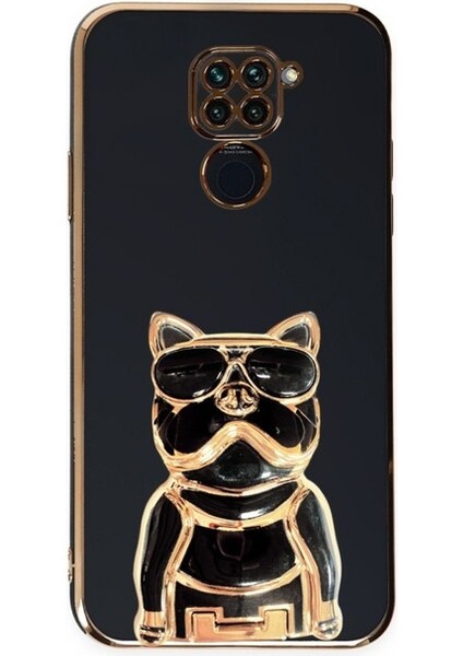 Xiaomi Redmi Note 9 Kılıf Kamera Korumalı Köpek Desenli Standlı Silikon Siyah