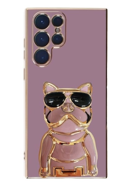 Samsung Galaxy S22 Ultra Case Kılıf Kamera Korumalı Köpek Desenli Standlı Silikon Mor