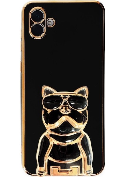 Samsung Galaxy A04 Kılıf Kamera Korumalı Köpek Desenli Standlı Silikon Siyah