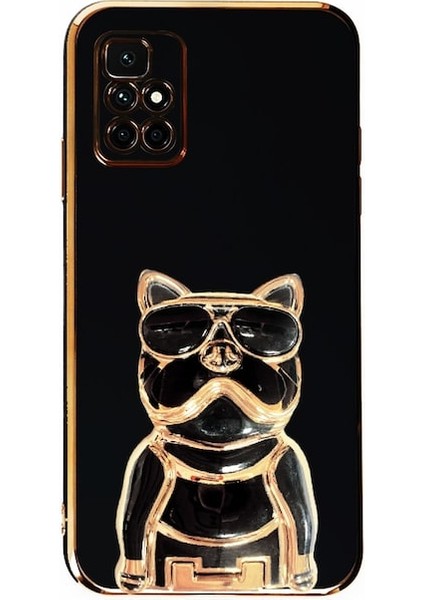 Xiaomi Redmi 10 Kılıf Kamera Korumalı Köpek Desenli Standlı Silikon Siyah