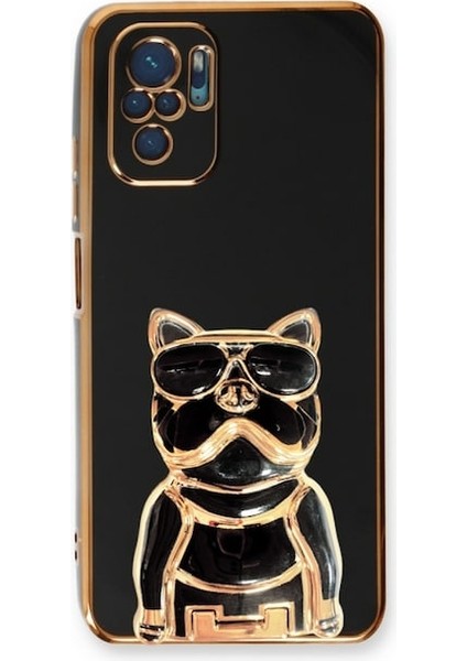 Xiaomi Redmi Note 10 Kılıf Kamera Korumalı Köpek Desenli Standlı Silikon Siyah
