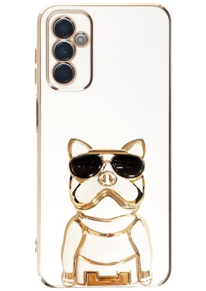 Samsung Galaxy M23 Case Kılıf Kamera Korumalı Köpek Desenli Standlı Silikon Beyaz