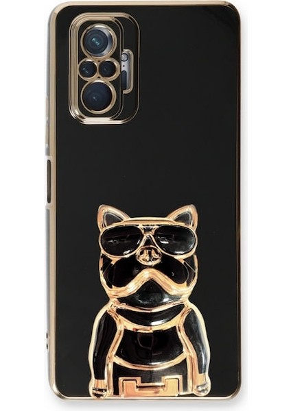 Xiaomi Redmi Note 10 Pro Max Case Kılıf Kamera Korumalı Köpek Desenli Standlı Silikon Siyah