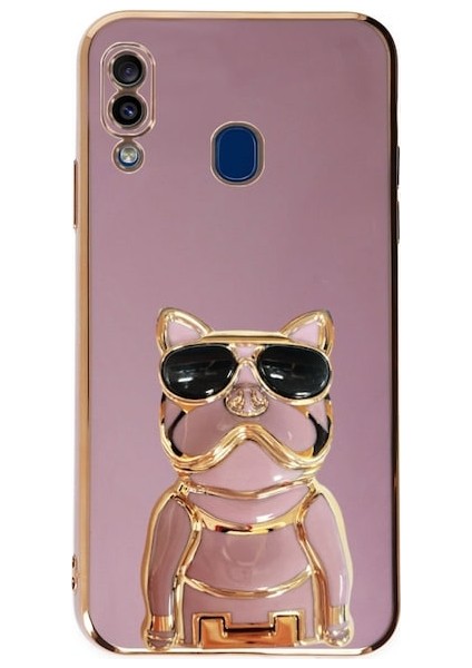 Samsung Galaxy A20 Kılıf Kamera Korumalı Köpek Desenli Standlı Silikon Mor