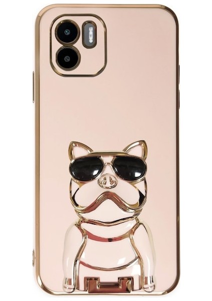 Xiaomi Redmi A1 Kılıf Kamera Korumalı Köpek Desenli Standlı Silikon Pembe
